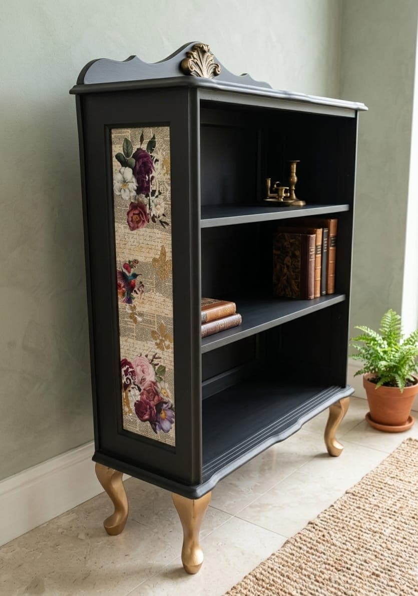 Statement Bookcase three-quarter view showing dark finish, gold Queen Anne legs and floral decoupage panel