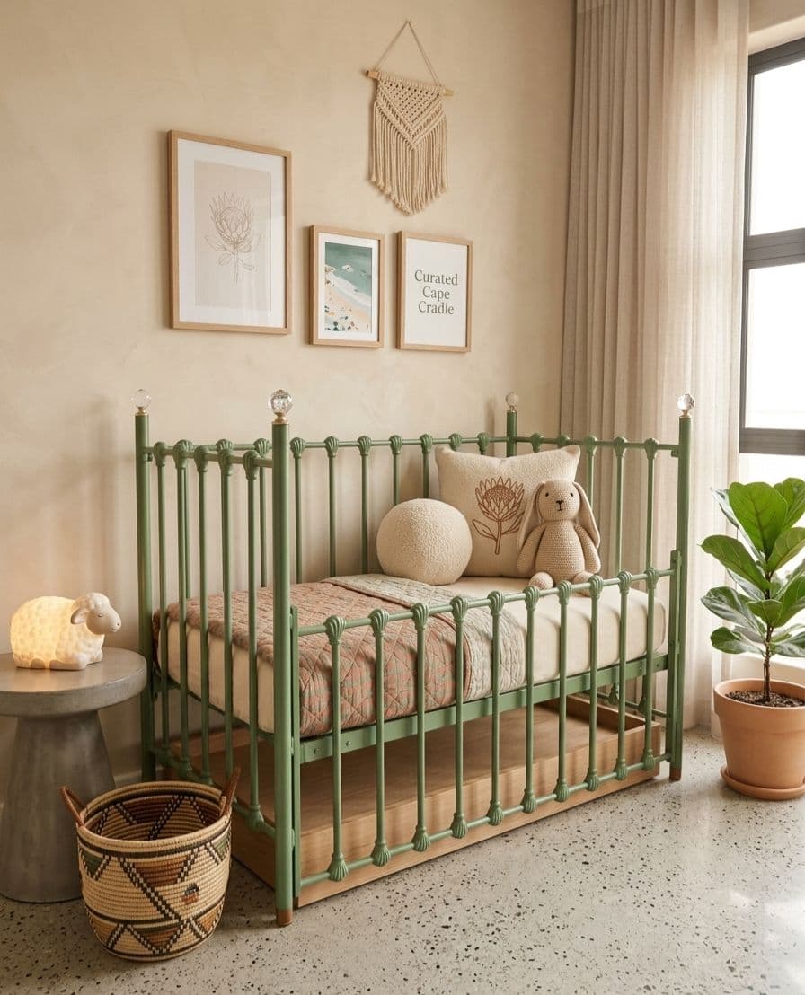 Styled visualisation of the cast iron crib in a decorated interior setting