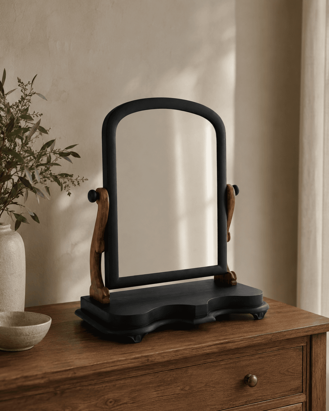 Ebonised Victorian Mahogany Swivel Mirror after restoration, dark ebonised frame with original bevelled glass