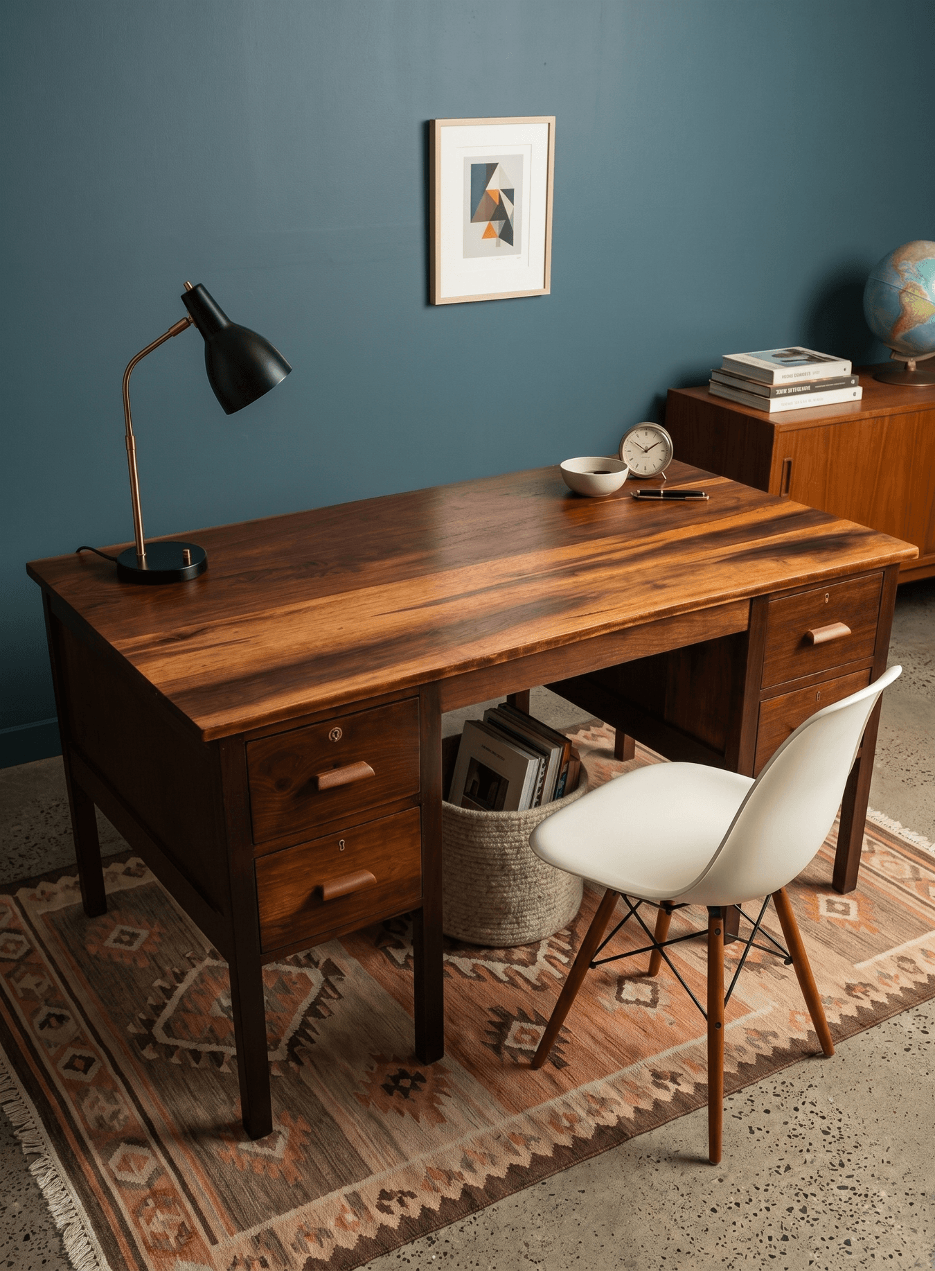 A beautifully restored kiaat writing desk, styled in a light-filled South African interior.